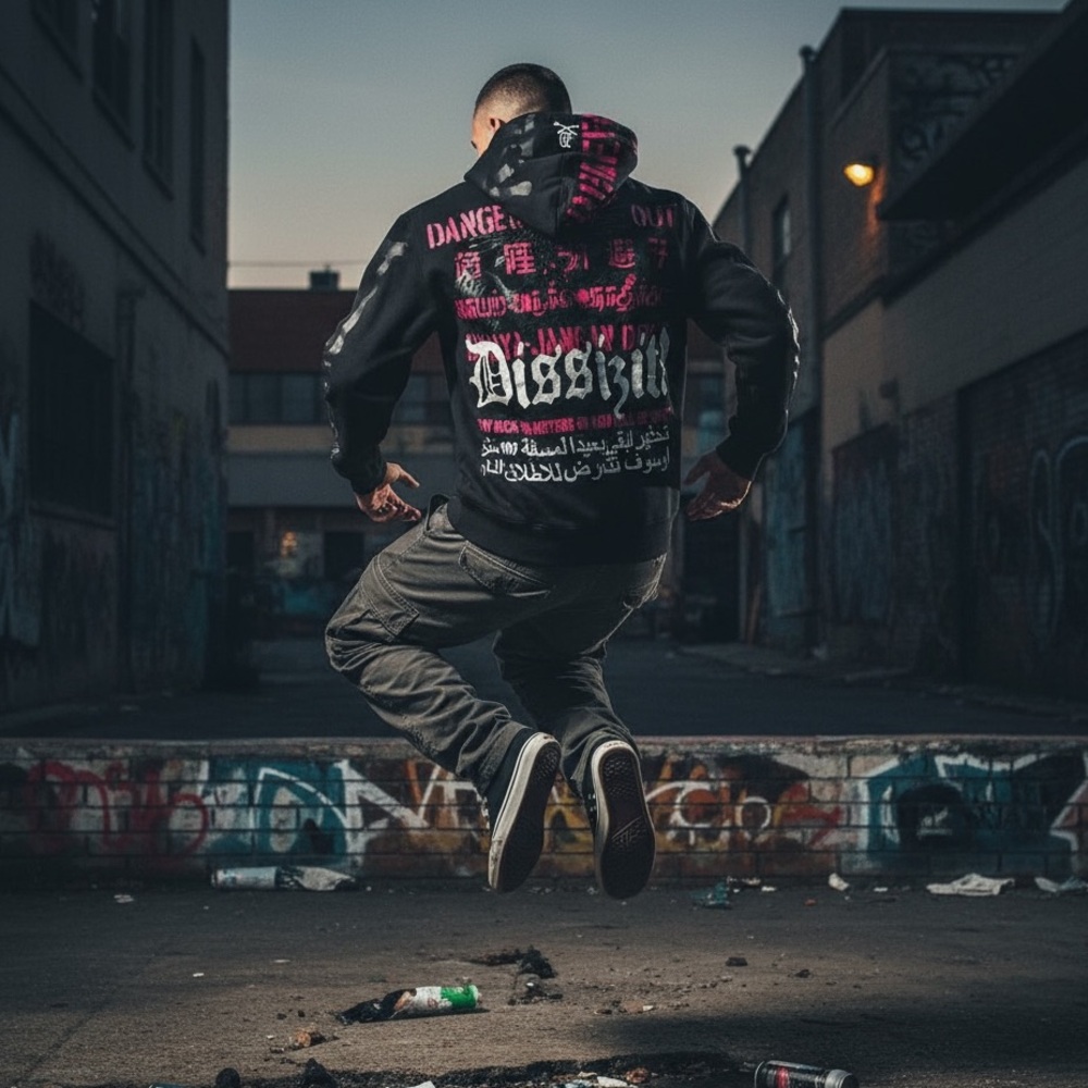 DISSIZIT Hoodie Jacket Mens Full Zip Embroidered Graffiti Hip Hop Hoodie sz M